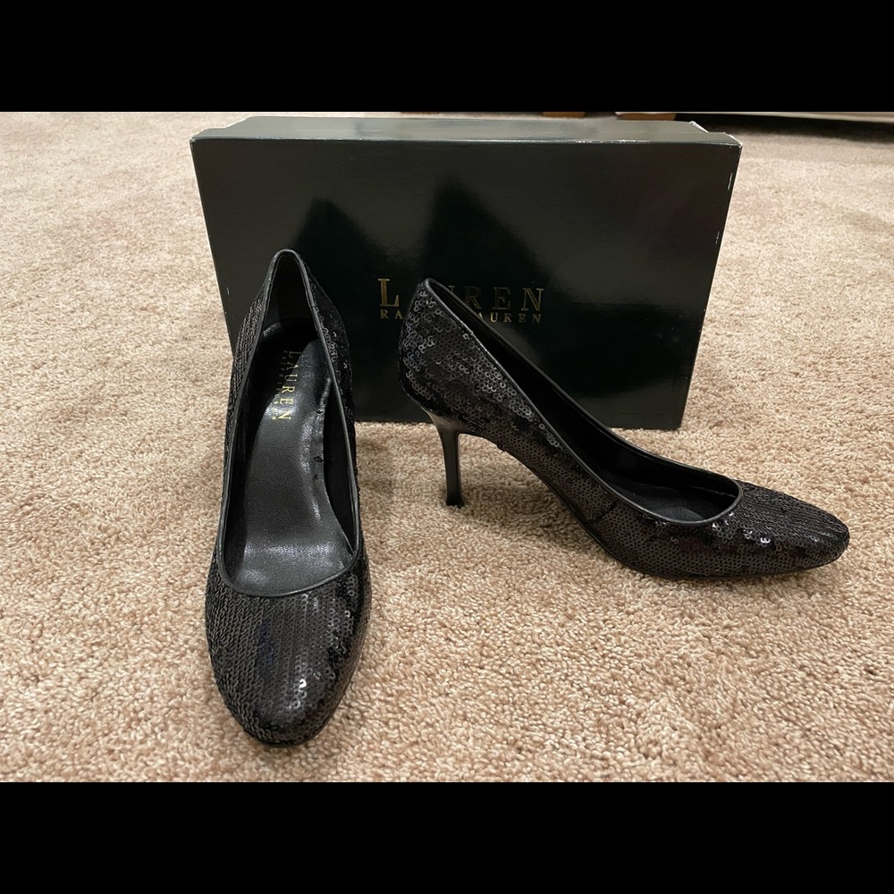 BNIB Ralph Lauren Black Sequins Heels 6.5